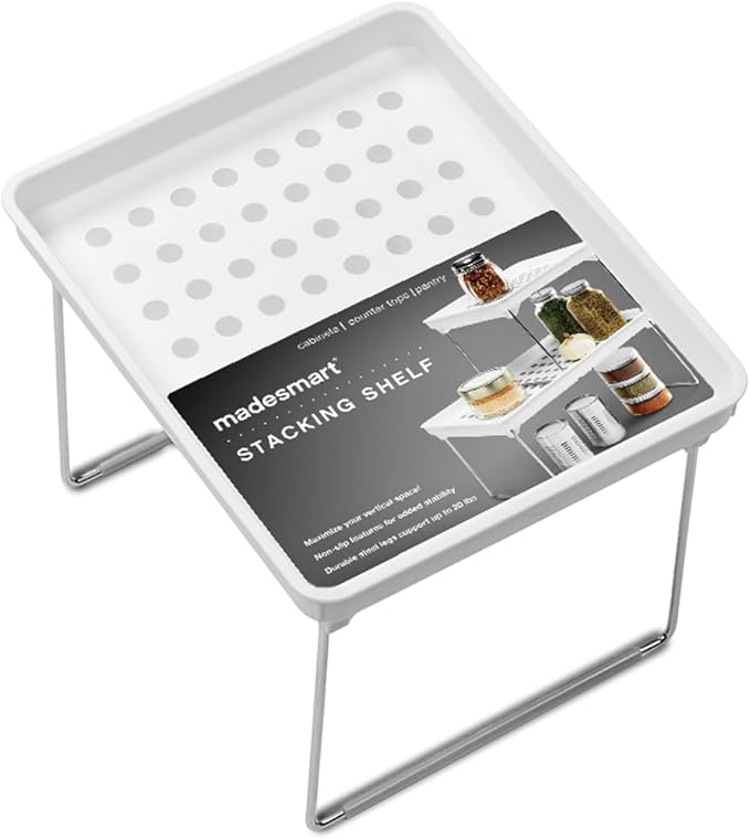 madesmart Small Stacking Shelf, Organizer for Spices, Make-Up, Bottles & Jars, Collapsible Legs for Cabinet or Counter Storage, White