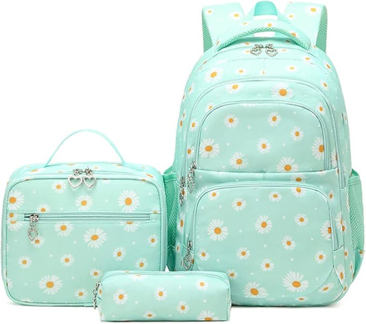 YJMKOI 3Pcs Daisy Prints Backpack for Girls Middle-School Elementary Students Bookbag Set with Lunch Box (Green)