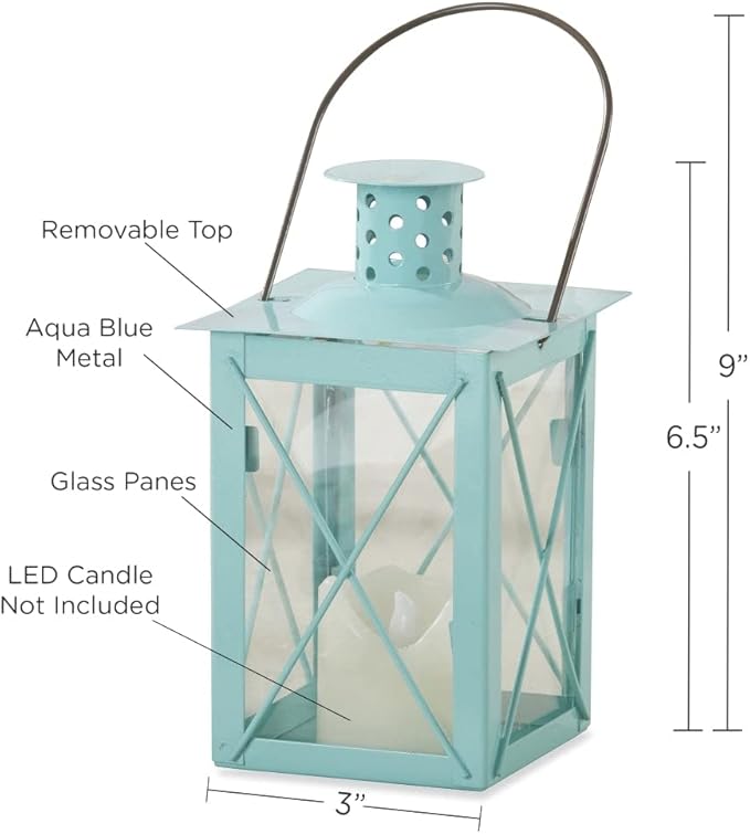 Kate Aspen Medium Decorative Lanterns - Set of 2 - Luminous Blue Metal Lantern Tealight Candle Holders Centerpieces for Wedding, Home Decor and Party - 6.3" H (8.9" H with Handle)