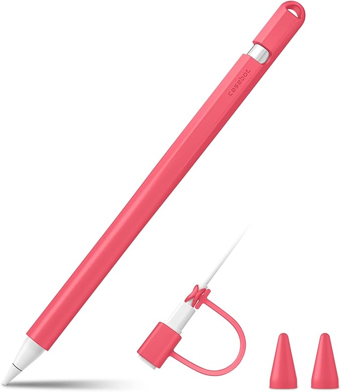 Fintie Silicone Sleeve Compatible with Apple Pencil 1st Generation, Ultra Light Pen Skin Case Cover Soft Protective Pencil Grip Holder with 2 Nib Covers & Cable Adapter Tether, Watermelon