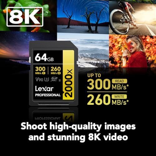 Lexar 64GB Professional 2000x SD Card, UHS-II, C10, U3, V90, Full HD, 8K, Up To 300MB/s Read SDXC Memory Card, for DSLR, Cinema-Quality Video Cameras (LSD2000064G-BNNNU)