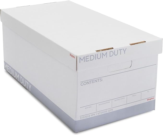 STAPLES Storage & Filing Box, Medium-Duty with Handles & Removeable Lid, Letter Size Documents, Stackable, 12-Pack, White/Gray