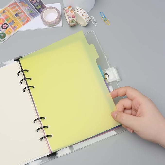 2 Pack A5 Binder Dividers 6 Tabs Bright Color Plastic Binder Index Tabs Planner Divider for Round Ring Binder Sheet Protector (Transparent, 12 Dividers)