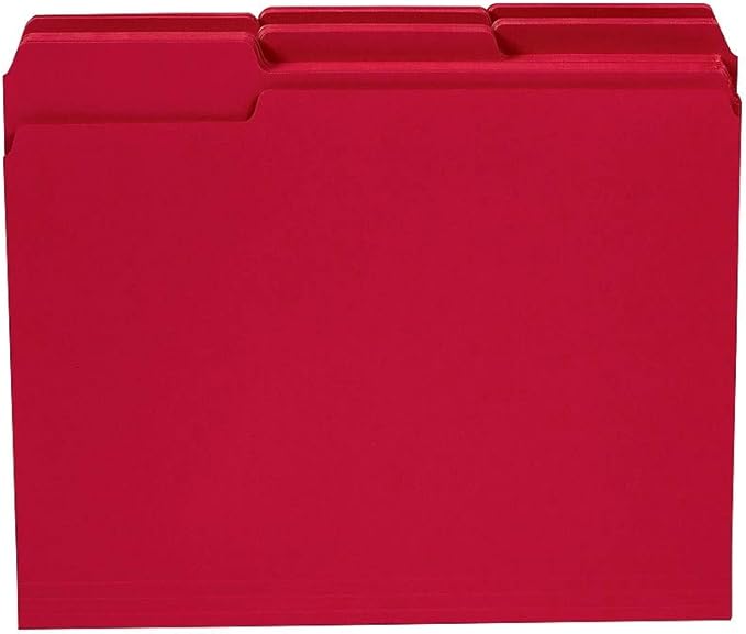 Staples Reinforced Colored File Folders, Letter Size, 3‑Tab Design, Red, Heavy‑Duty Construction, 100/Box