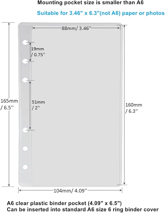 12 Pack A6 Size Clear Sheet Protectors 3.4 x 6.3 Inch Plastic Sleeves Page Protectors Top Loading Paper Protector for 6 Ring Binders, Acid-Free, Archival Safe for Documents and Photos