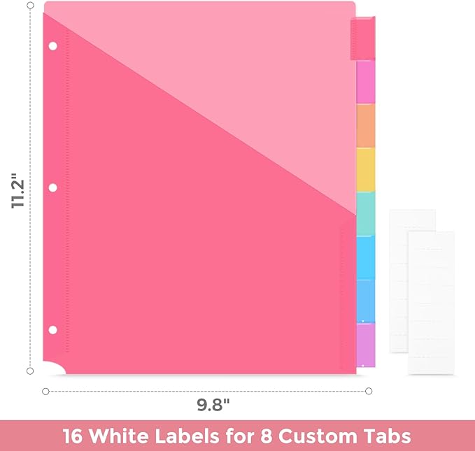 SKYDUE Binder Dividers with Tabs and Pockets,8 Tab Dividers for 3 Ring Binder, Plastic Binder Dividers with 2 Pockets & 16 Blank Labels, Red
