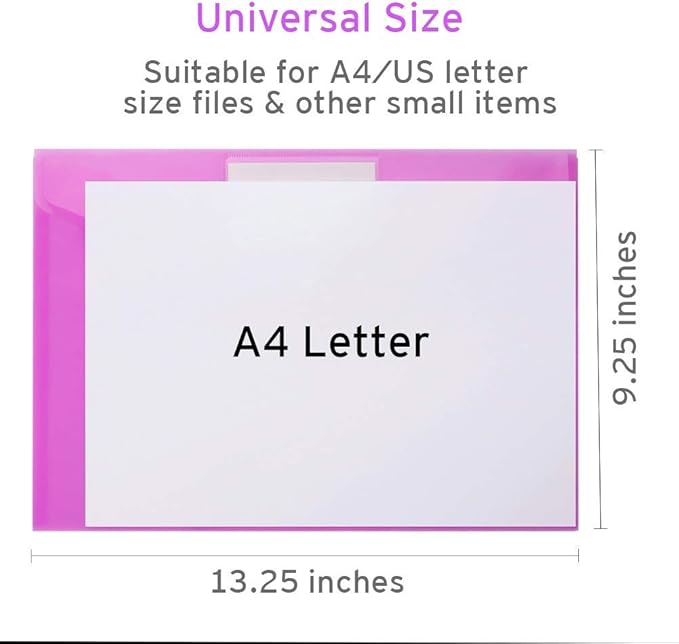 Sooez 6 Pack Folders Plastic Envelopes, Clear Plastic File Folder for Document, Letter A4 Size Poly File Envelopes with Label Pocket, Snap Button for Home Work Office Organizer, 6 Colors
