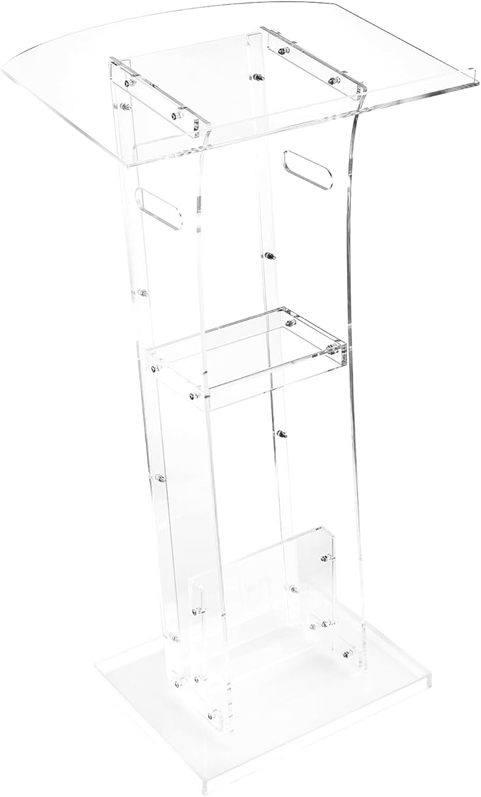 VEVOR Podium Stand, 43-Inch Acrylic Lectern, Portable Laptop Desk with Wide Reading Surface and Storage Shelf, Book Stopper, Floor-Standing, for Classroom, Wedding, Conference, Lecture and Concert
