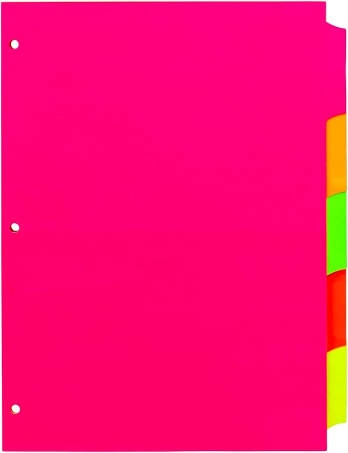 Pukka Pad, 5 Dividers, Binder Notebook File Page Separators, 1 Pack of 5 Tab Set, 8 ½ x 11 in. Neon Colors