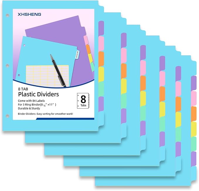 3 Ring Binder Dividers with TAB,48PCS/6 Set Plastic File Dividers,8 Tab 3 Hole Punch Dividers,Pastel Color,Letter Size,6 Sets