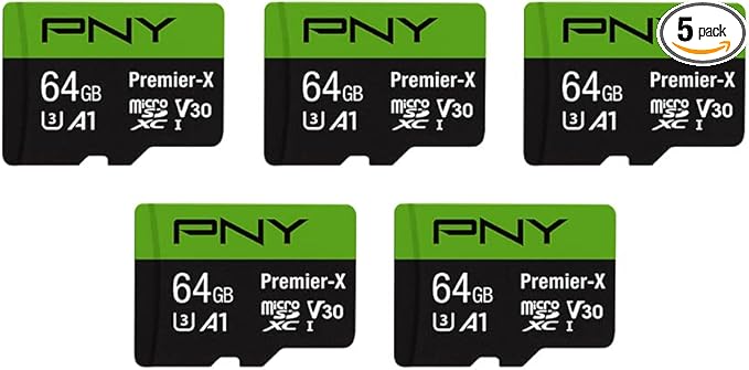 PNY 64GB Premier-X Class 10 U3 V30 microSDXC Flash Memory Card 5-Pack - 100MB/s, Class 10, U3, V30, A1, 4K UHD, Full HD, UHS-I, Micro SD