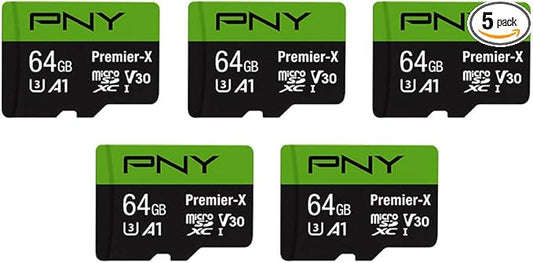 PNY 64GB Premier-X Class 10 U3 V30 microSDXC Flash Memory Card 5-Pack - 100MB/s, Class 10, U3, V30, A1, 4K UHD, Full HD, UHS-I, Micro SD