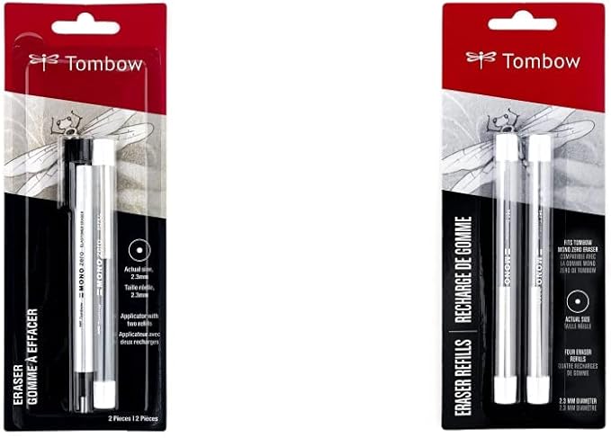 Tombow Mono Zero Eraser and Refill Value Pack, Round 2.3mm. Precision Tip Pen-Style Eraser with Refill, Black & 57316 Mono Zero Eraser Refills, Round, Mono Zero Precision Tip Eraser Refills, 2.3 mm
