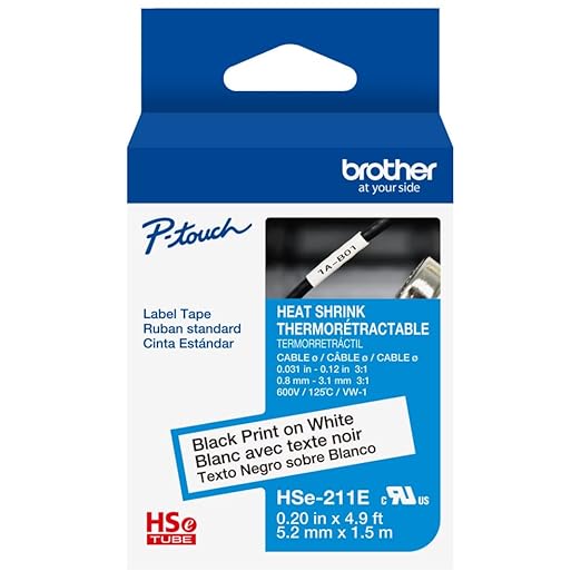 Brother HSe221E ~1/3in (9mm) Black on White Heat Shrink Tube, 3:1 Electrical Shrink Wrap Labeling Tape for AWG 10-22, 4.9 ft (1.5m) Cassette for P-Touch Industrial Heat Shrink Label Printers