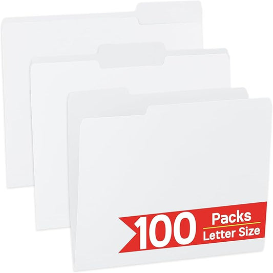 100 Packs White File Folder, File Folders Letter Size,1/3-Cut Tabs,8.5x11 File Folders for Office,School and Home,Organizer Documents