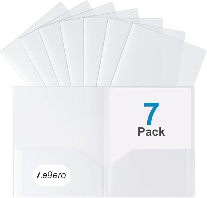 Plastic Folders with Pockets (7 Pack, Clear), Durable Heavy Duty File Folders with Business Card Slot, 2-Pocket Folder for Schoolwork & Office,Letter Size