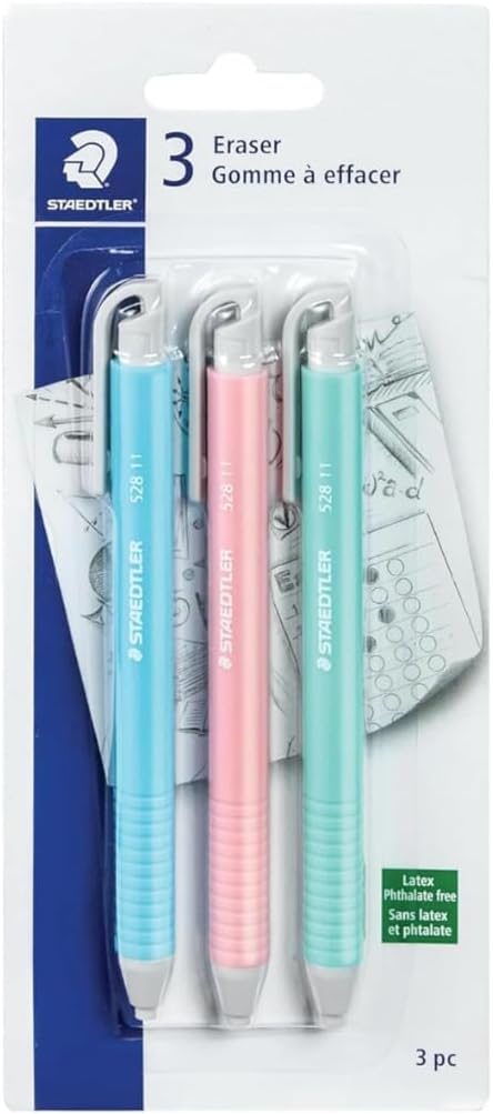 STAEDTLER Vinyl Eraser Holder 18-Pack (18 Sets of 3 pcs): 3 Units Retractable Erasers for Pencils, Soft Vinyl, Latex-Free, Clean Edges, No Smudges, Pastel Colors, 54 Count