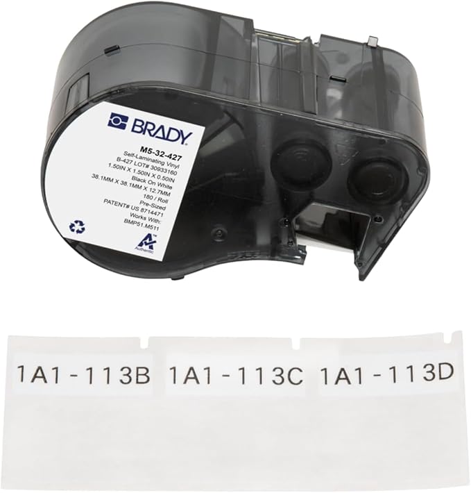 Brady Authentic (M5-32-427) Self-Laminating Vinyl Wrap Around Labels 1.5" H x 1.5" W Black on White, Clear, 180 Labels. for use with The BMP51 and M511 Label Printers