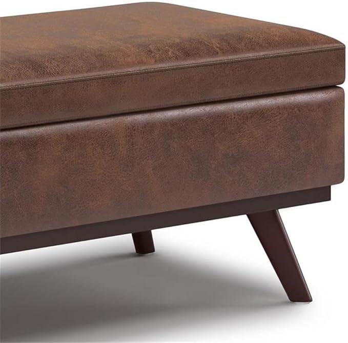 SIMPLIHOME Owen Lift Top Coffee Table Storage Ottoman - 42 inch Wide Upholstered Vegan Leather Rectangular Lift-Top Ottoman in Distressed Chestnut Brown, Mid-Century Modern Ottoman for Living Room