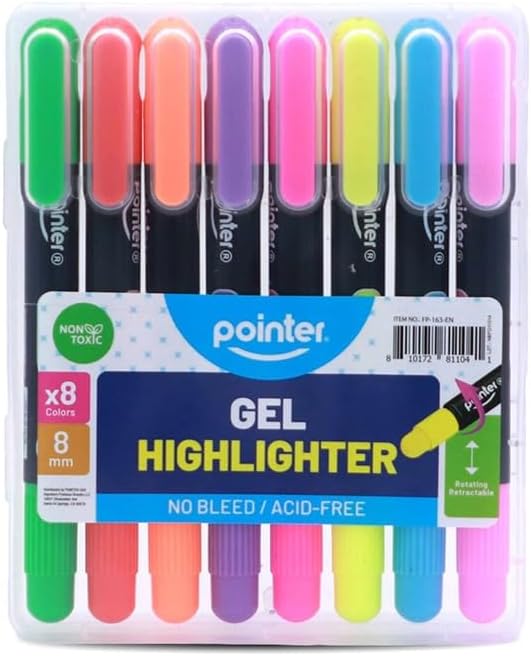 Pointer Gel Highlighters – Set of 8 Colors – No Bleed, Acid-Free, Retractable Design – School & Office Supplies for Notes, Journals & Bible Study