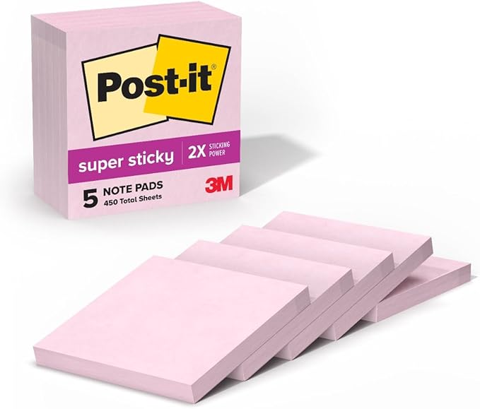 Post-it Super Sticky Notes, 5 Sticky Note Pads, 3 x 3 in., Ideal for Organization in Your Dorm, Home or Office, Single Color Packs Collection, Pink Salt