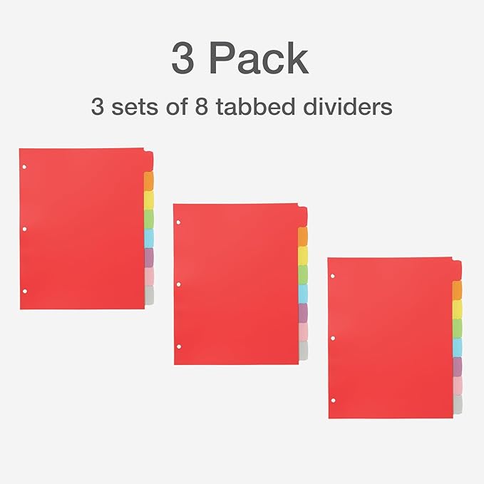 Oxford Poly Binder Dividers, 3 Hole Punch Organizers, Assorted Colors, 8 Tab Write and Erase Organizers, Durable Plastic Dividers for 3 Ring Binder, Pack of 3 Index Dividers (89994)