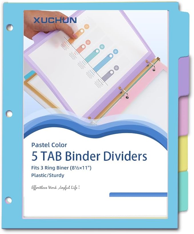 30Pcs/6 Set 5 Tab Clear Plastic Binder Dividers with Tab,for 3 Ring Binder,Customizable Labels, Multicolor, Durable & Tear-Resistant