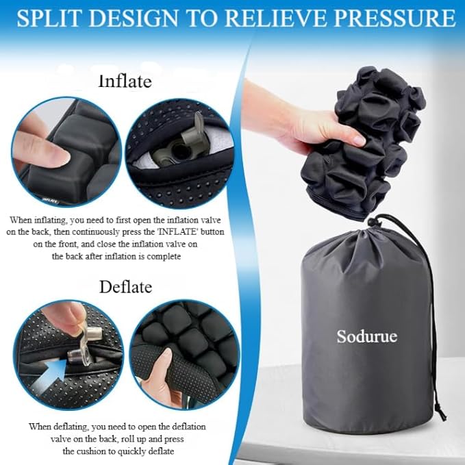 Sodurue Travel Cushion Airplane seat,Airplane seat Cushion for Long Flights,Press Type air Inflatable Wheelchair seat Cushion for Car,Office,Stadium,Ergonomic Comfort Support,Heavy Duty (49 Air Bag)