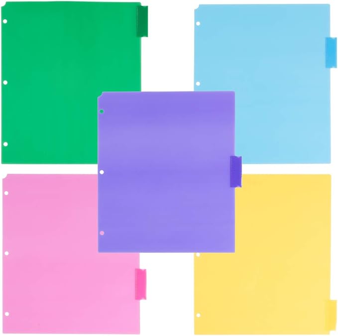 JAM PAPER Plastic Index 5-Tab Dividers - 9 3/4 x 11 1/2 - Assorted Multi-Color - 6 Packs of 5 Tabs/Set
