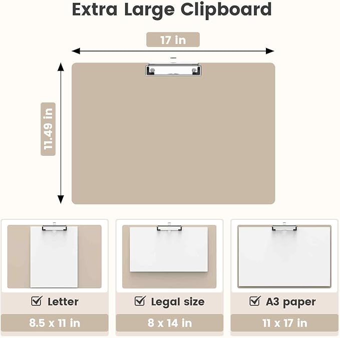 Extra Large 11x17 Clipboards, Plastic Khaki Drawing Boards, Horizontal Clip Board, Landscape Layout. Suitable for Watercolor, Sketching, Painting. Art & Drafting Supply(Pack of 6)