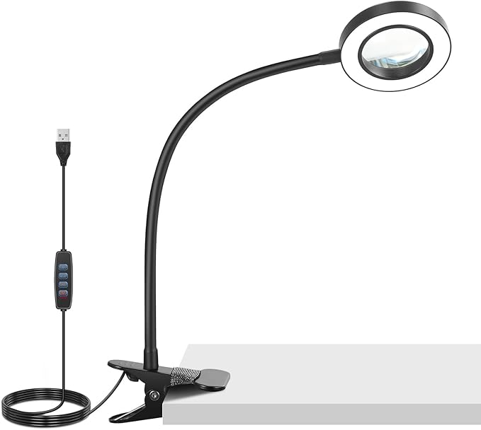 NEEWER Entry Level Version 10X Magnifying Glass with Light/Clamp Stand, 3.7" Bi Color Dimmable Magnifier Lamp Clip on Small LED Ring Light, 3 CRI80+ for Desk Crafting Reading Close up Work, N34