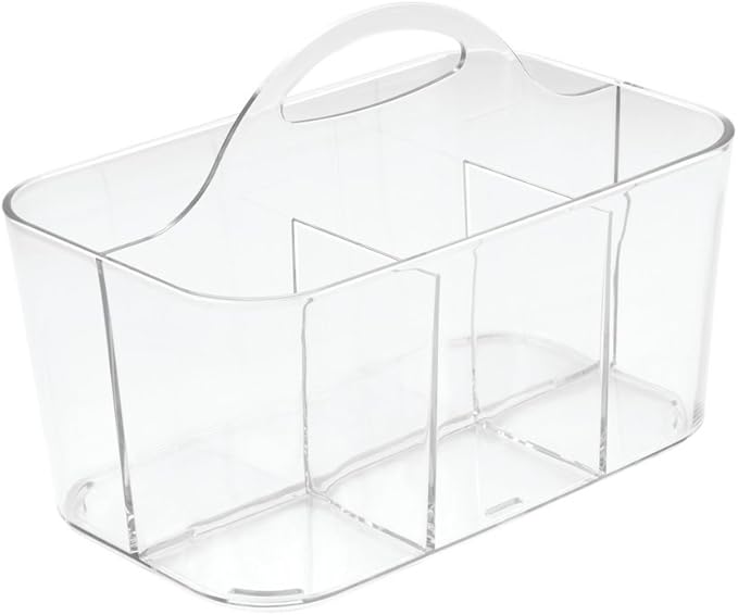 mDesign Plastic Portable Craft Storage Organizer Caddy Tote, Divided Basket Bin w/Handle - Craft, Sewing, Art Supplies - Holds Brushes, Colored Pencils - Lumiere Collection - Clear