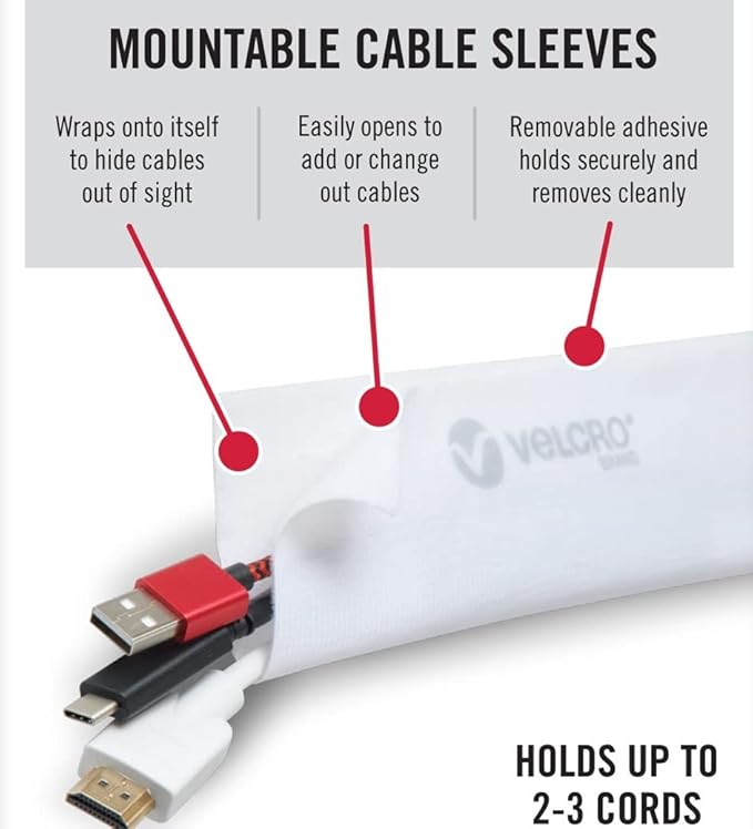 VELCRO Brand Cable Sleeves. Organize Messy Wires on Desk, Behind TV or Game Console. 16-Inch (2x8in) White. Removable Adhesive Mounts to Smooth Surfaces