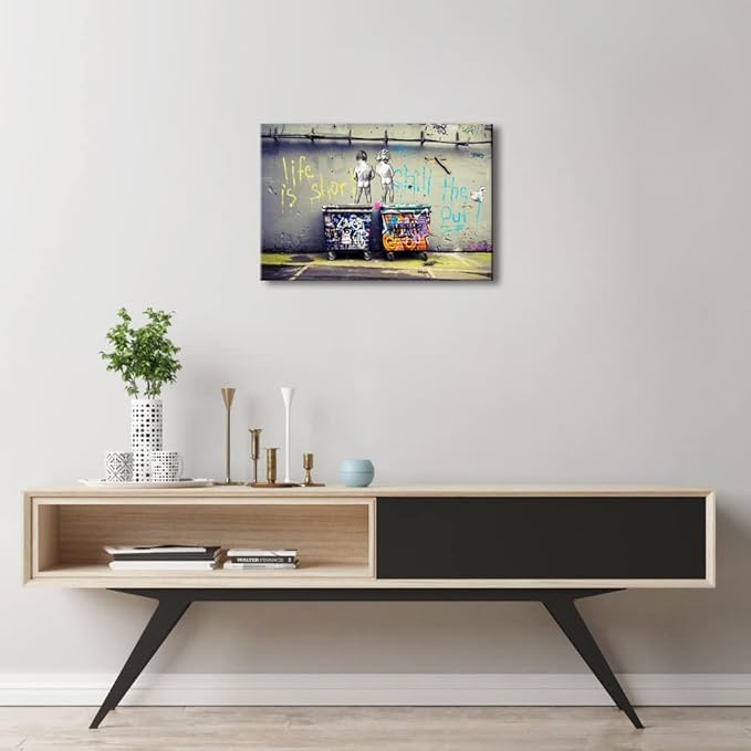 Wieco Art Gallery Wrapped Canvas Prints Life is Short Chill the Duck Out Banksy Boys Artwork Reproduction Graffiti Poster Print on Canvas Wall Art for Bedroom Home Office Decorations