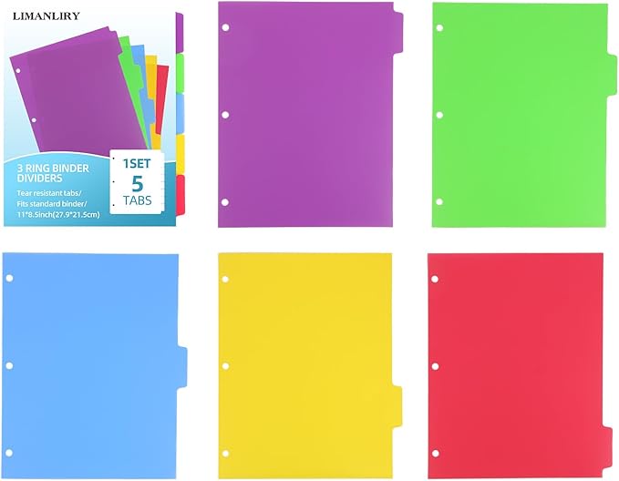 3 Sets Colorful Binder Dividers with Tabs,Plastic Index with 5 Tabs,Big Tab Dividers for 3 Ring Binder