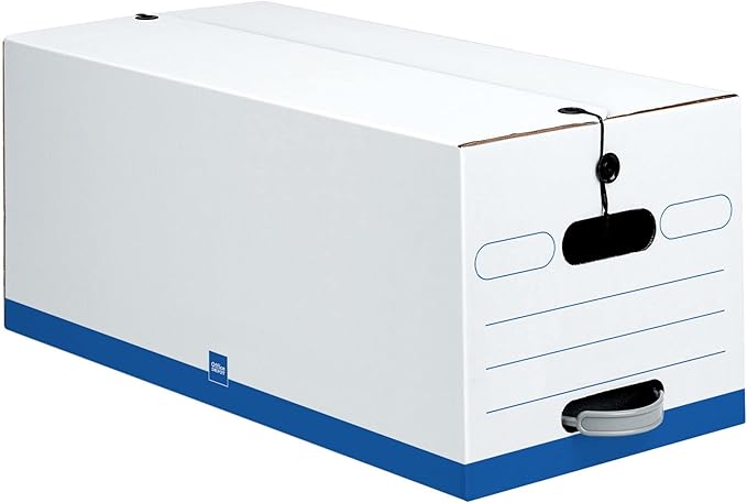 Office Depot® Brand Quick Set-Up Storage Boxes With String & Button Closure, Letter, 24" x 12" x 10", 60% Recycled, White/Blue, Pack Of 12