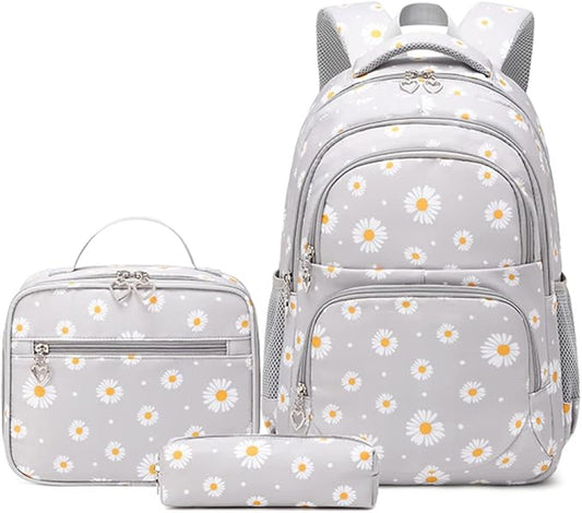 YJMKOI 3Pcs Daisy Prints Backpack for Girls Middle-School Elementary Students Bookbag Set with Lunch Box (Grey)