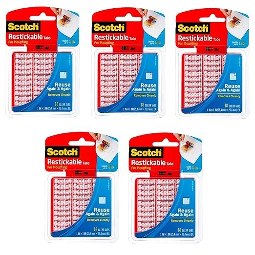 Scotch Restickable Mounting Tabs, Clear, 1 in x 1 in, 18 Tabs (Pack of 5)