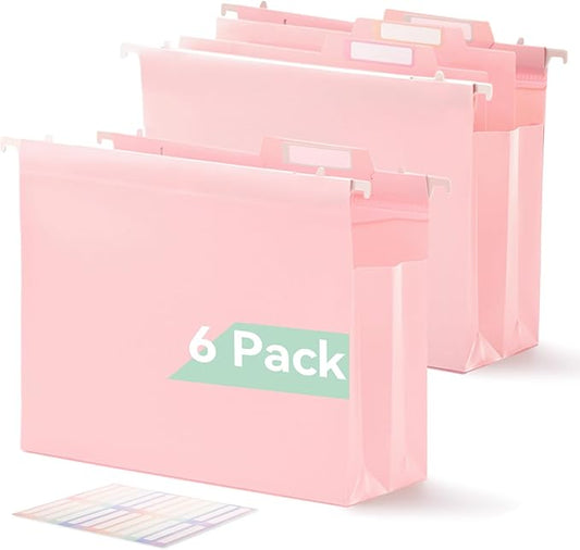 Plastic High Capacity Hanging File Folders, 4" Expansion for Bulky Documents, Side-Sealed Pocket, Holds Heavy Files, Letter Size, Movable Dividers, Insertable Tabs, 6 Pack, Pink