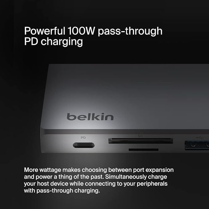 Belkin 7-in-1 USB-C Hub, Multiport Adapter Dongle with 4K 60Hz HDMI, 100W Power Delivery, 2.5Gb, 2 USB A Ports, SD and MicroSD Slot for MacBook Pro 14 and 16, iPad Pro 12.9 & 11, XPS, Surface and More