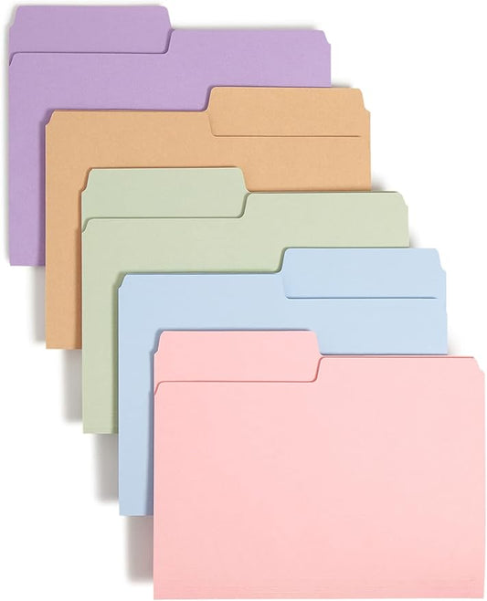 Smead SuperTab File Folder, Oversized 1/2-Cut Tab, Letter Size, Assorted Pastel Colors, 100 per Box (11906)