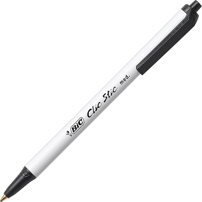 BIC Clic Stic Black Retractable Ballpoint Pens,Medium Point (1.0mm),Round Barrel Design for Comfortable Writing,24 Count (Pack of 2)