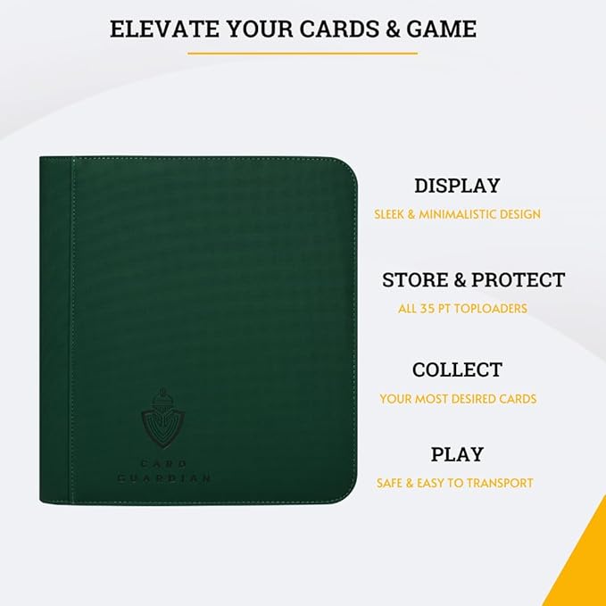 Card Guardian - Toploader 4 Pocket Premium Binder with Zipper for 160 Cards - Side Loaded Pockets - Compatible with Sports and Trading Cards TCG (Green)
