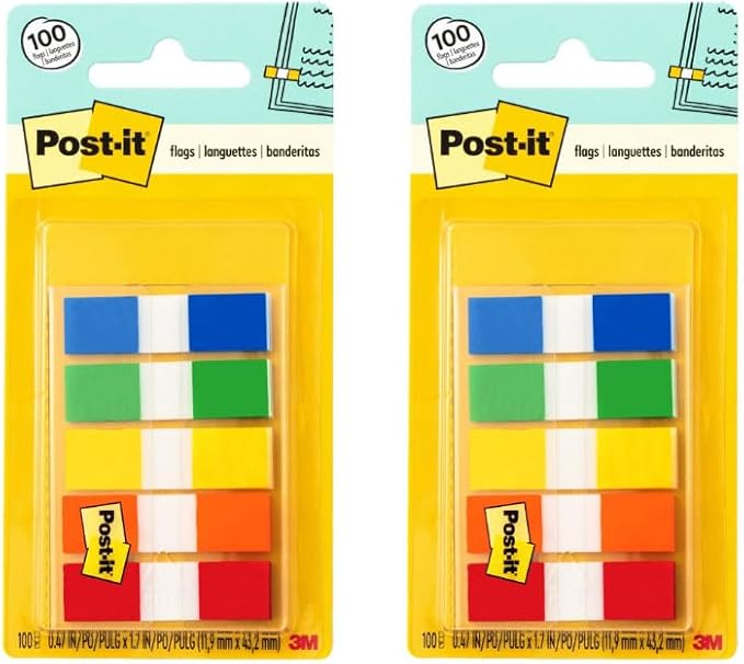 Post-it Flags in Portable Dispenser, 100 Flags/Pack, .47 in x 1.7 in, 20 Each of Red, Bright Orange, Yellow, Green, and Blue (683-5CF) - 2 Pack