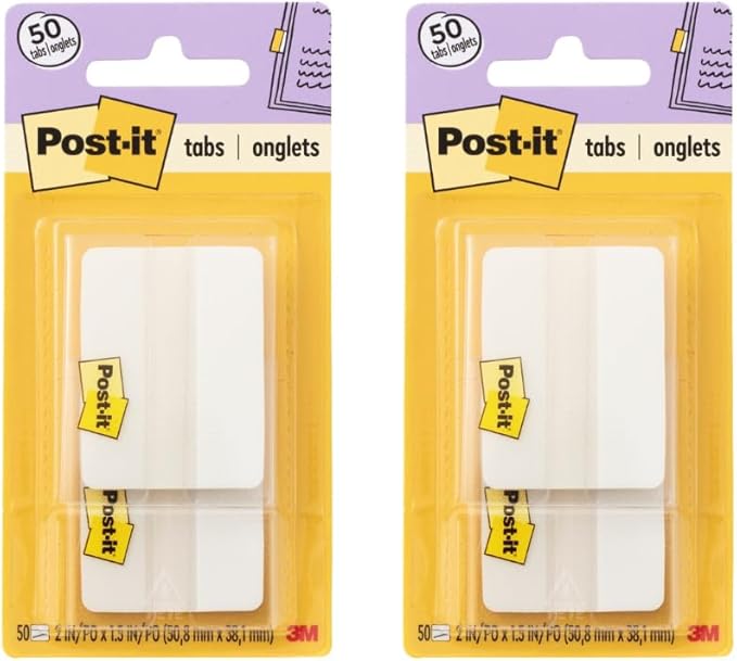 Post-it Tabs, 2 inches, Solid White, On-The-Go Dispenser, 50 Tabs per Pack (686F-50WH) | 2 Pack