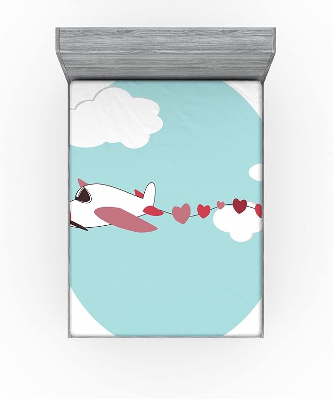 Ambesonne Airplane Fitted Sheet, Abstract and Romantic Sky Scene Along Hearts Streaming Behind, Bed Cover with All-Round Elastic Deep Pocket for Comfort, Full Size, Dried Rose and Pale Seafoam