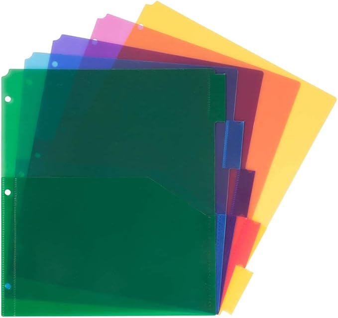 JAM PAPER Plastic Index 5-Tab Dividers w/Double Pockets - 9 3/4 x 11 1/2 - Assorted Multi-Color - 5 Tabbed Dividers/Pack