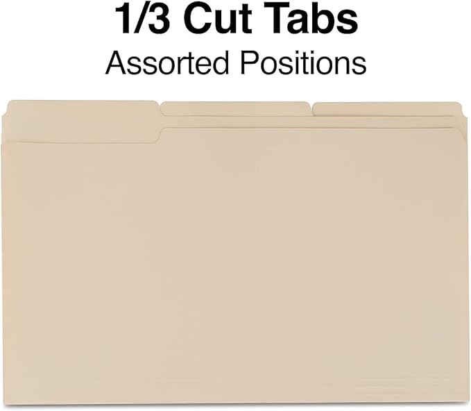 Staples Recycled File Folders, Legal Size, 1/3‑Cut Tabs, Manila, 30% Recycled Paper Stock, 100/Box