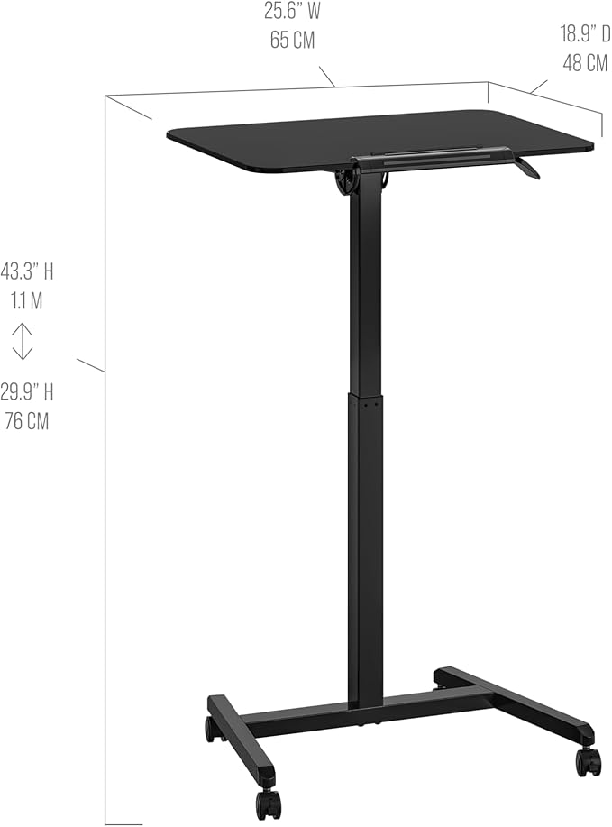 Seville Classics Airlift Height Adjustable Pneumatic Laptop Sit Stand Desk Mobile Rolling Cart, Computer Workstation for Home Office, Classroom, Black, 25.6" Tilting Desktop