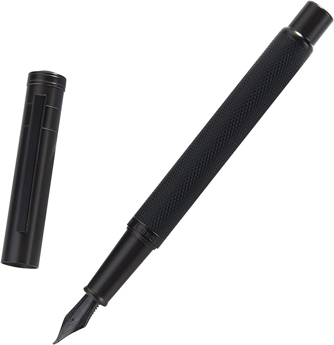 Brushed Black Forest Fude Pen, Bent Nib Calligraphy Fountain Pen (Fine to Broad) with Converter and Metal Box Set by Asvine